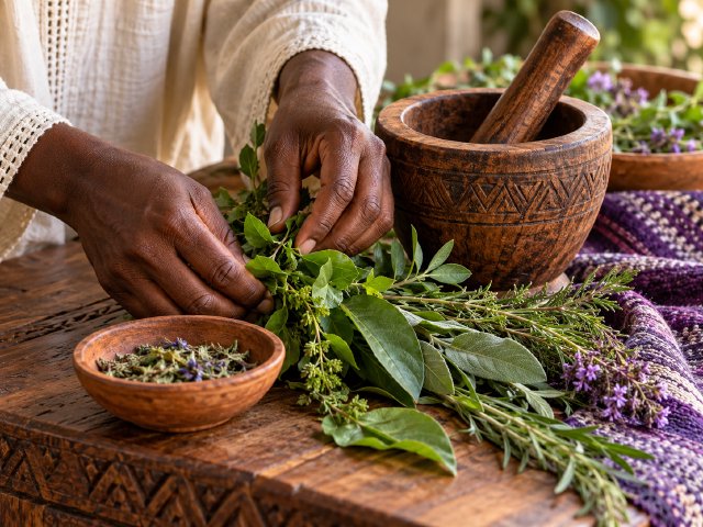 Hands arranging fresh herbs beside a wooden mortar and purple woven cloth