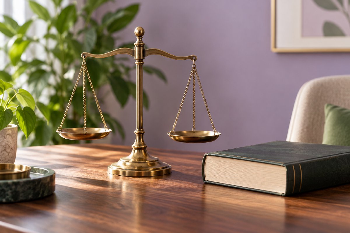 Brass balance scales beside a closed law book