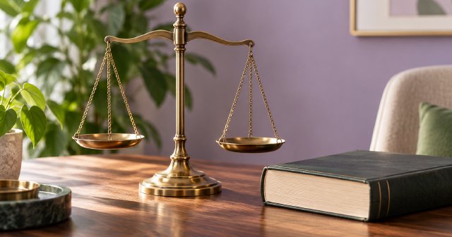 Brass balance scales beside a closed law book