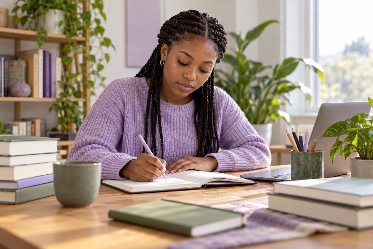A university student studying with books and a notebook
