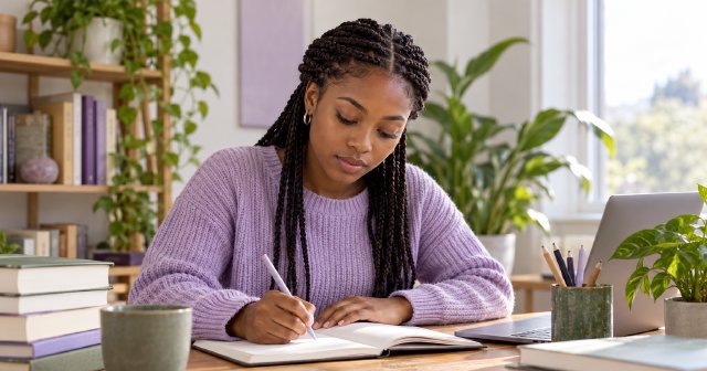 A university student studying with books and a notebook