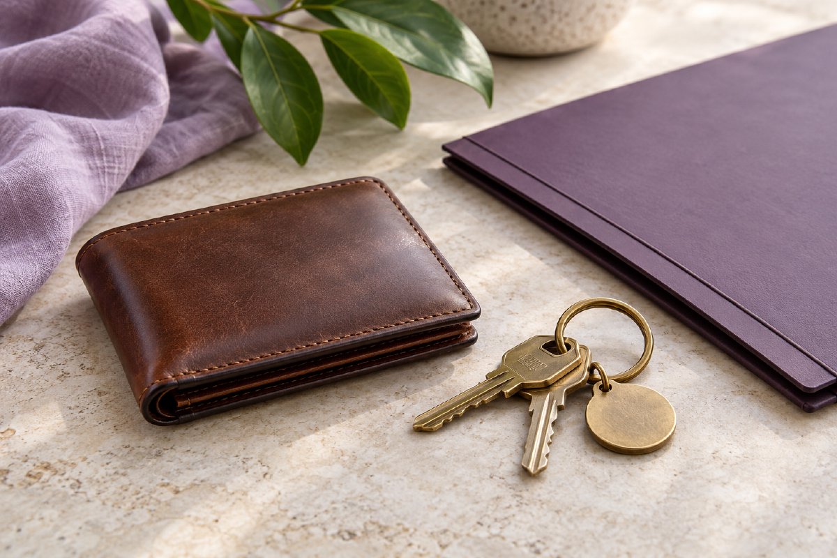 A wallet, keys, and document folder on a tabletop