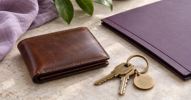 A wallet, keys, and document folder on a tabletop