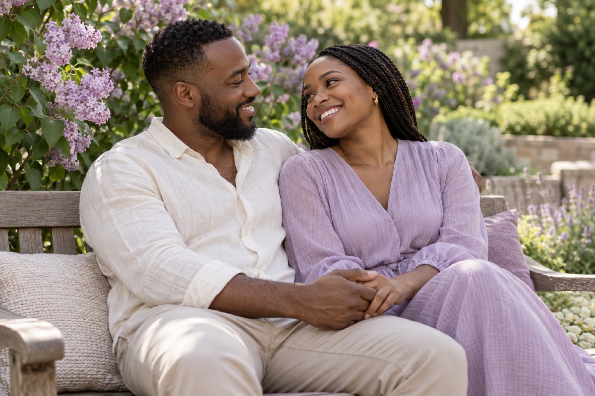 A couple sharing a quiet moment together in a garden