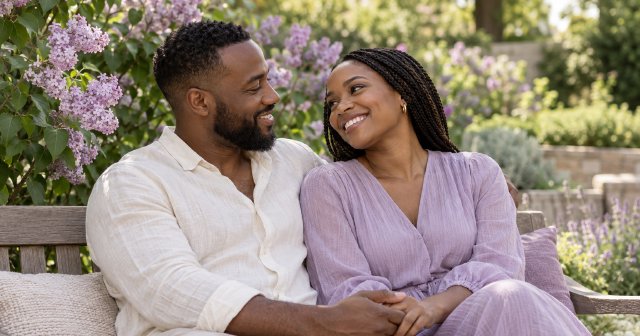 A couple sharing a quiet moment together in a garden