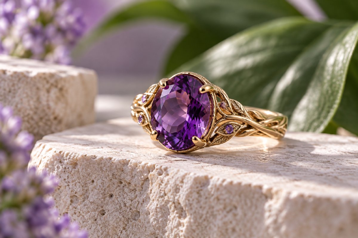 A gold ring with a purple gemstone on a stone pedestal