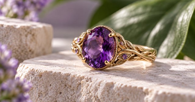A gold ring with a purple gemstone on a stone pedestal