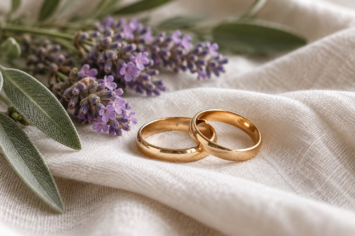 Two wedding bands on linen beside lavender flowers