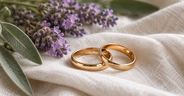 Two wedding bands on linen beside lavender flowers