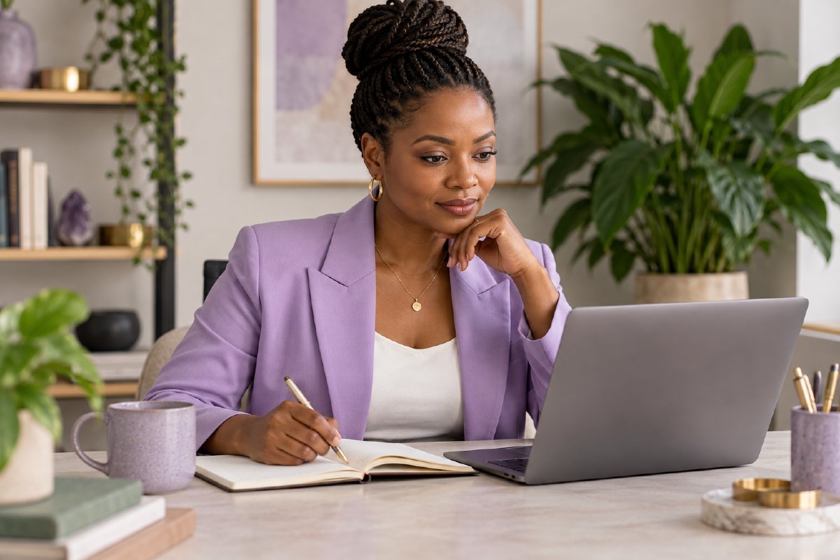 A professional reviewing her notebook at an office desk