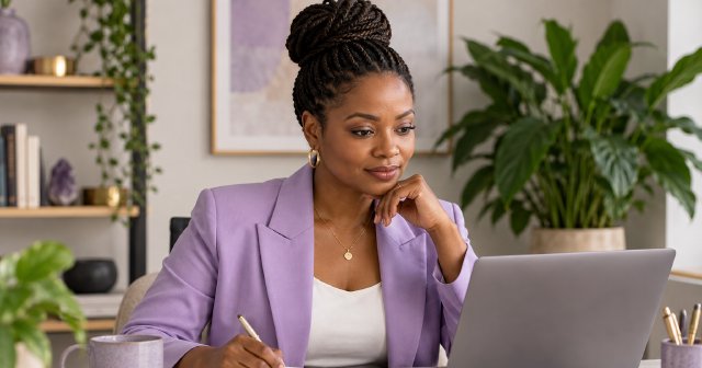 A professional reviewing her notebook at an office desk