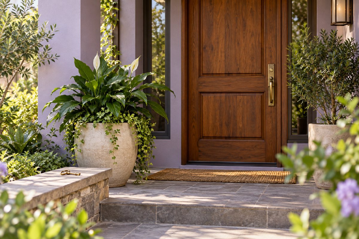 A welcoming home entrance surrounded by green plants