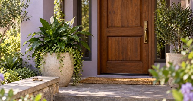 A welcoming home entrance surrounded by green plants