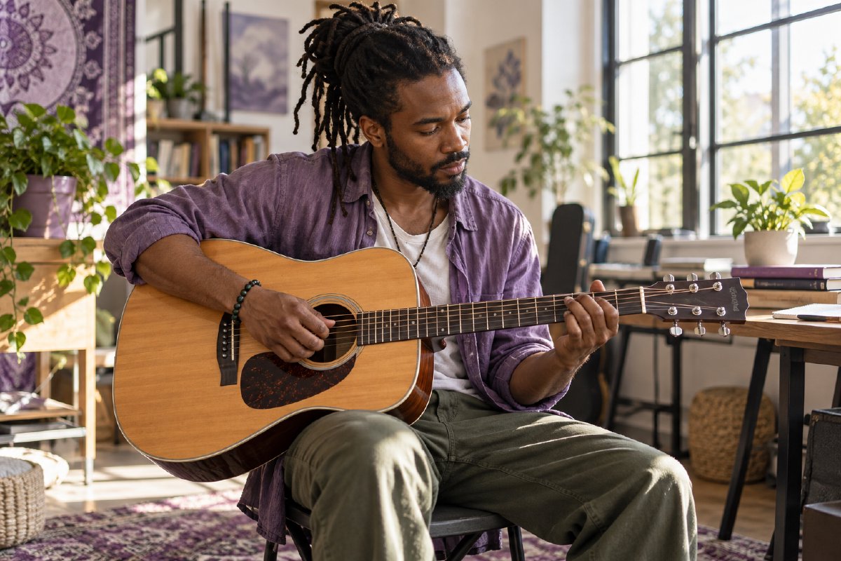 A musician practicing an acoustic guitar in a bright studio
