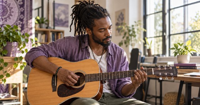 A musician practicing an acoustic guitar in a bright studio